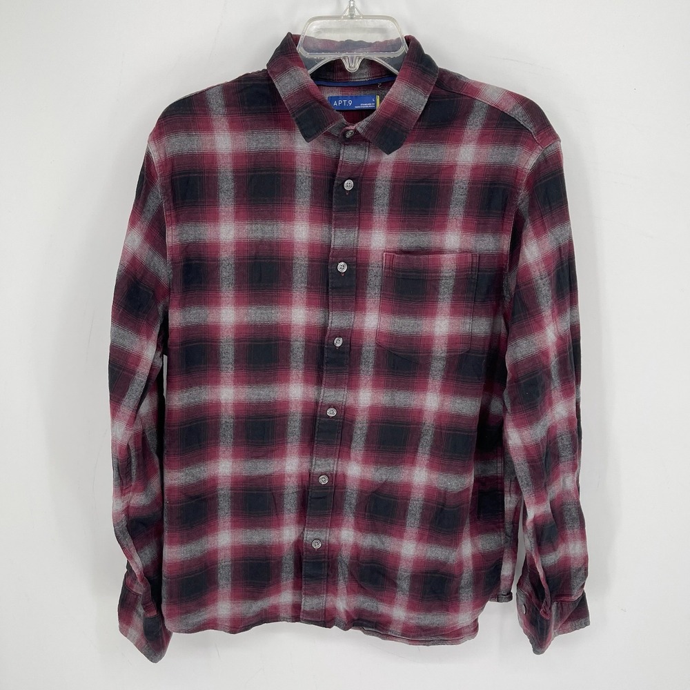 Apt. 9 Men's Burgundy Plaid Flannel Stretch Long Sleeve Button Down Shirt Size L